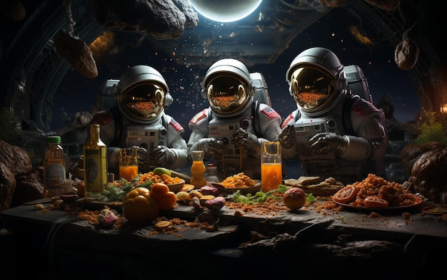 Kreatywna i pomysłowa scena Astronauta jedzący w kosmosie