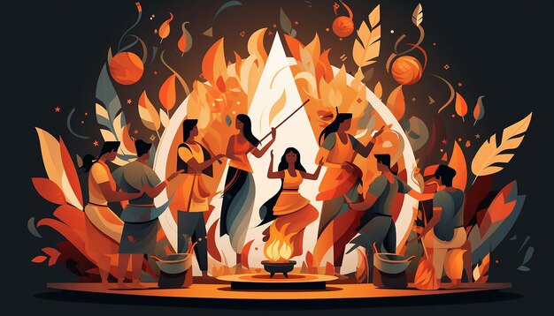 kreatywna ilustracja festiwalu Lohri przedstawiająca połączenie nowoczesnych i tradycyjnych elementów