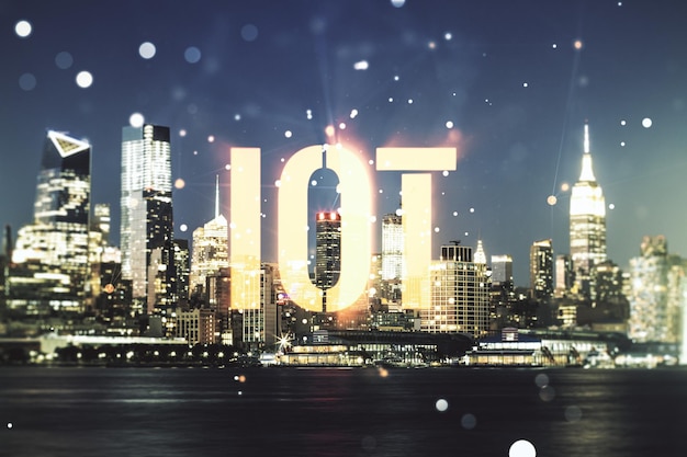 Kreatywna ilustracja IOT na tle pejzażu Nowego Jorku koncepcja przyszłej technologii Multiexposure