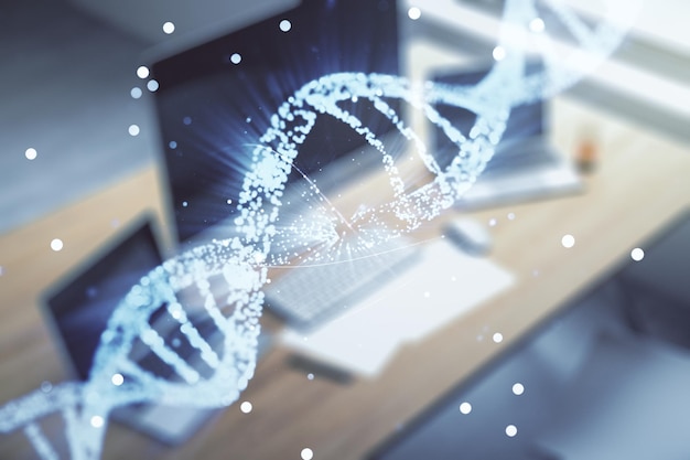 Kreatywna ilustracja światła DNA i nowoczesny pulpit z komputerem na tle koncepcja nauki i biologii Multiexposure