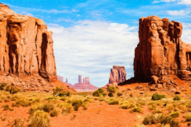 Kreatywna ilustracja w vintage akwarelach Monument Valley w USA czerwona panorama z niebieskim niebem