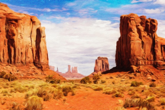 Kreatywna ilustracja w vintage akwarelach Monument Valley w USA czerwona panorama z niebieskim niebem