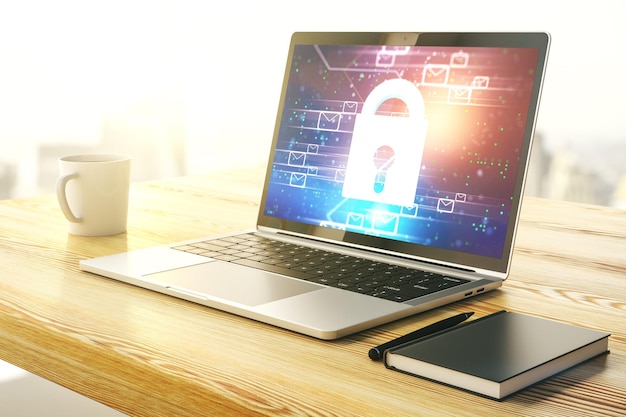 Kreatywna ilustracja zamka świetlnego z kopertami pocztowymi na nowoczesnym monitorze komputerowym koncepcja bezpieczeństwa cybernetycznego i ochrony poczty elektronicznej 3D Rendering