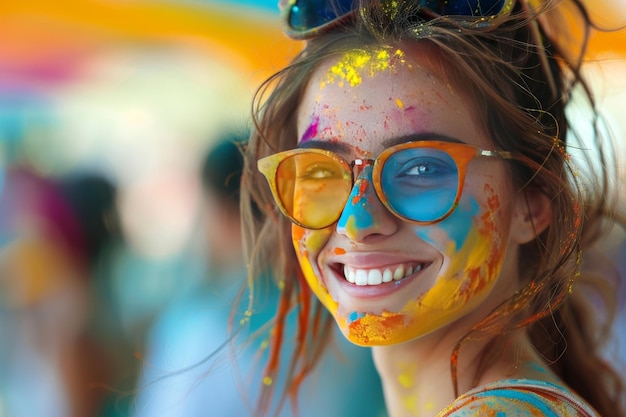 Kreatywna kobieta nosząca kolorową farbę na twarzy i stylowe okulary przeciwsłoneczne wyrażające swoje artystyczne