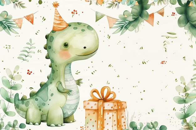 Zdjęcie kreatywna kolorowa karta zaproszeniowa dinozaur z prezentami na uroczystość