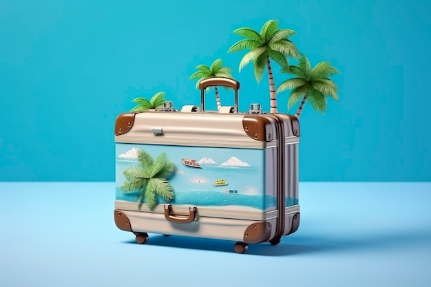 Kreatywna kompozycja na letnią plażę w walizce na niebieskim tle Pomysł na koncepcję podróży w renderowaniu 3D AI Generative