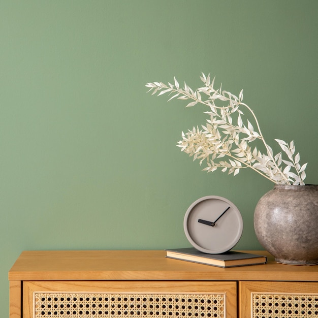 Zdjęcie kreatywna kompozycja wnętrza sypialni z rattanową komodą nowoczesne dekoracje domu i akcesoria osobiste zielona ściana eukaliptusa szablon kopiowanie miejsca