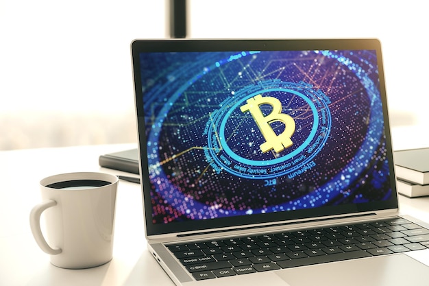 Zdjęcie kreatywna koncepcja bitcoin na nowoczesnym ekranie laptopa renderowanie 3d