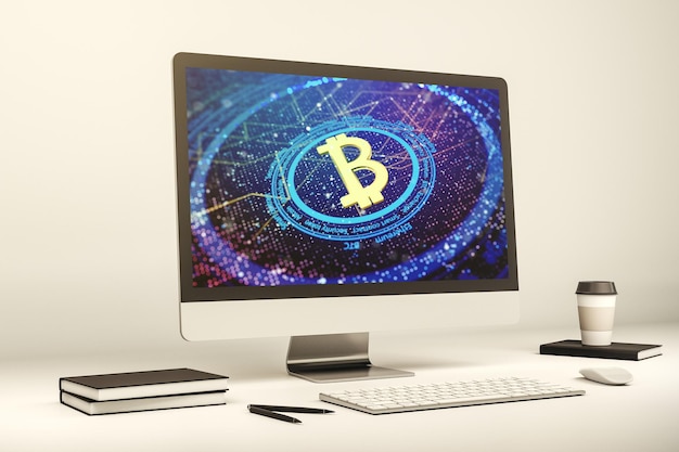 Kreatywna koncepcja Bitcoin na nowoczesnym monitorze komputerowym Renderowanie 3D