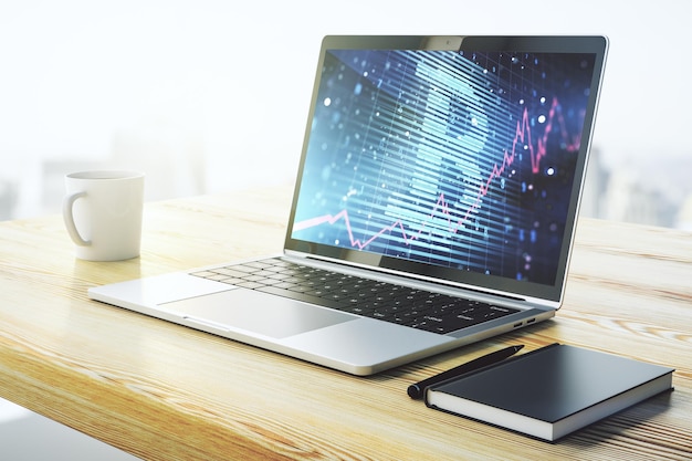 Kreatywna koncepcja Bitcoina na nowoczesnym ekranie laptopa 3D Rendering