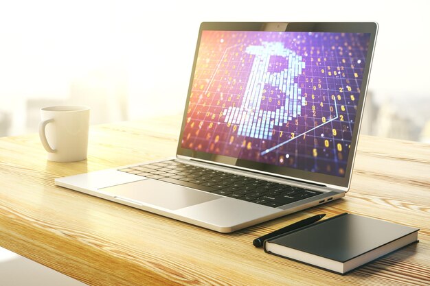 Kreatywna koncepcja Bitcoina na nowoczesnym ekranie laptopa 3D Rendering