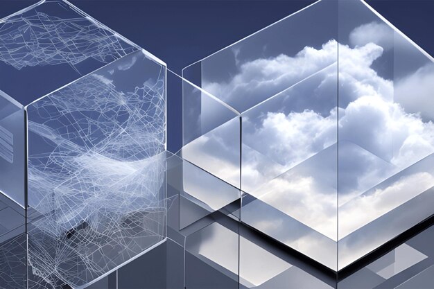 Kreatywna koncepcja chmury w szklanej kostce Cloudscape przechowywanie informacji w serwerowni cyfrowejCreative is