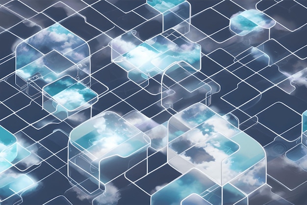 Kreatywna koncepcja chmury w szklanej kostce Przechowywanie informacji w cyfrowej serwerowni Cloudscape