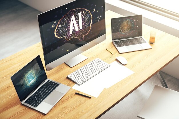 Kreatywna koncepcja sztucznej inteligencji z hologramem ludzkiego mózgu na nowoczesnym ekranie laptopa Renderowanie 3D