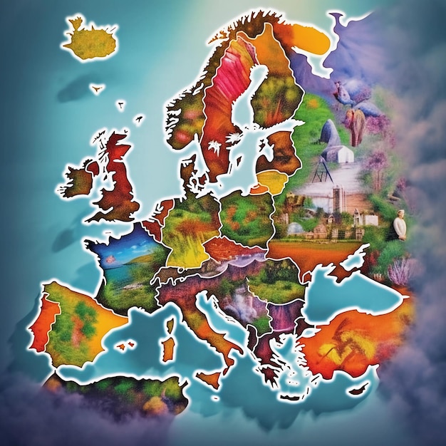Kreatywna mapa Europy z mnóstwem natury narysowanej w jasnych kolorach