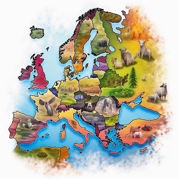 Kreatywna mapa Europy z mnóstwem natury narysowanej w jasnych kolorach