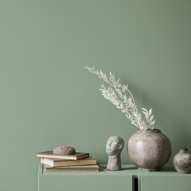 Kreatywna minimalistyczna kompozycja wnętrza salonu z szarymi dekoracjami domu i nowoczesnymi akcesoriami osobistymi Zielona ściana eukaliptusa Szablon Kopiowanie miejsca Prawdziwe zdjęcie