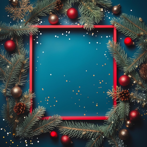 Kreatywna ramka wykonana z gałęzi sosny świątecznej pudełka podarunkowe czerwone dekoracje błyszczące i konfetti na