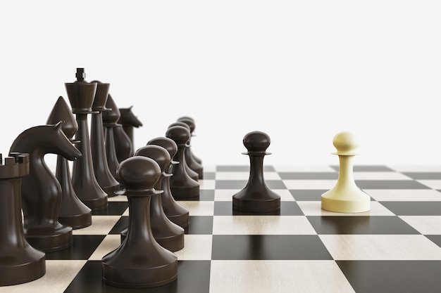Kreatywna szachownica na białym tle z makietą miejsca Koncepcja dopasowania i bitwy Renderowanie 3D