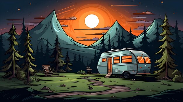 Zdjęcie kreatywna sztuka cyfrowa banner mediów społecznościowych projekt ilustracji szablonu rv caravan camper van