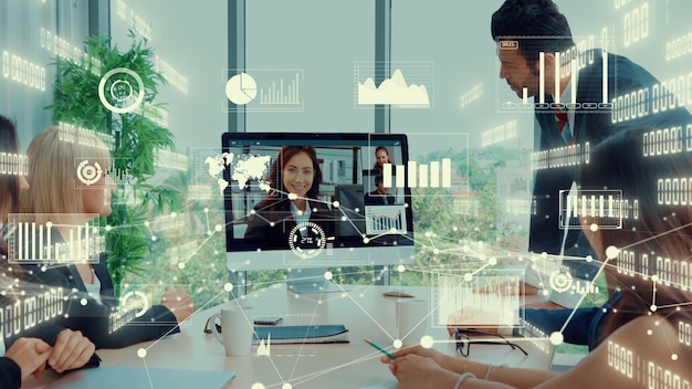 Kreatywna wizualizacja ludzi biznesu na spotkaniu pracowników firmy podczas rozmowy wideo