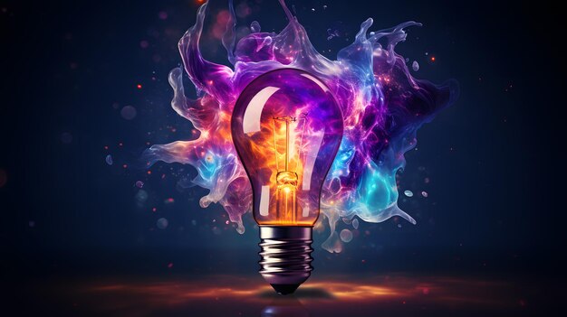 Kreatywna żarówka wybucha kolorową farbą Brainstorming i myślenieNowy pomysł brainstorming koncepcji