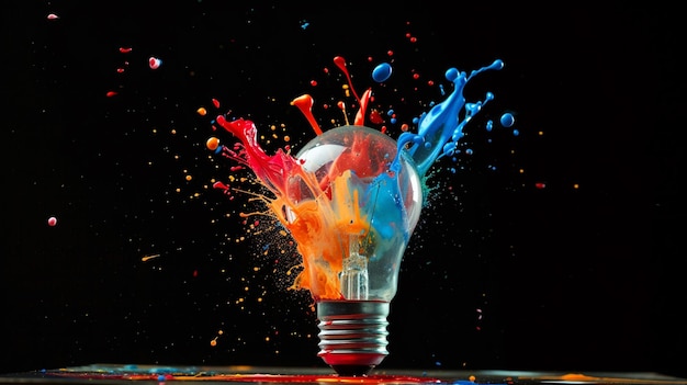 Kreatywna żarówka wybucha kolorowymi farbami i kolorami