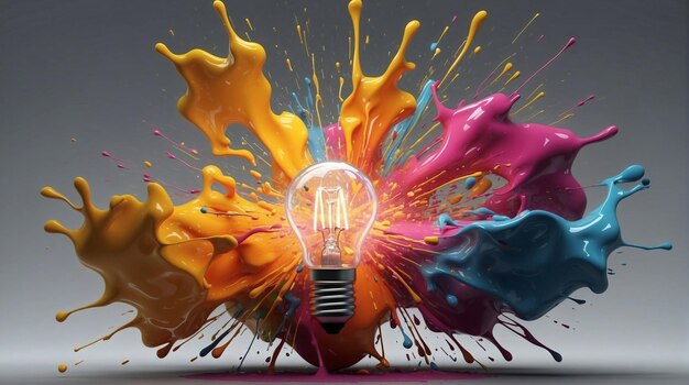 Kreatywna żarówka wybucha z kolorowymi farbami i kolorami Pomysł i koncepcja burzy mózgów