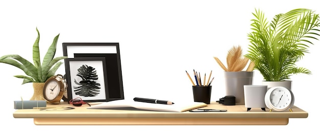 Kreatywne biurko z pustą ramką na zdjęcia lub obiektami biurka z plakatami Ai Generated
