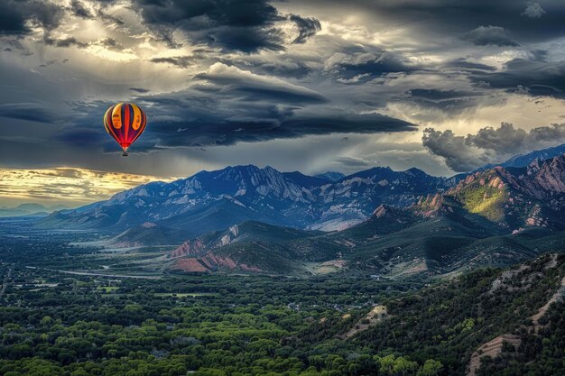 Kreatywne i artystyczne zdjęcie balonu gorącego powietrza latającego nad pasem górskim