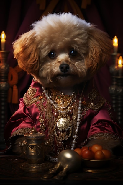Zdjęcie kreatywne i eleganckie portrety zwierząt domowych z królewskimi garniturami i kostiumami dla uroczego i fantazyjnego luksusu