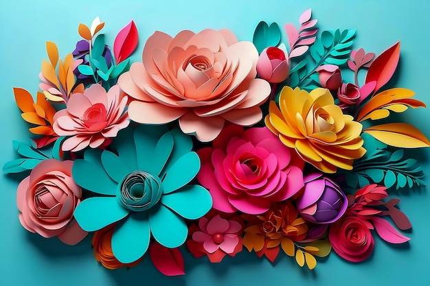 Zdjęcie kreatywne kolorowe papierowe kwiaty na zielonym tle