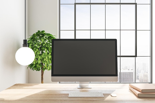 Kreatywne miejsce pracy projektanta z pustym komputerem i widokiem na miasto Mock up 3D Rendering
