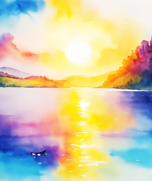 kreatywne niesamowite kolorowe magiczne słońce nad jeziorem maluje na papierowym obrazie akwarelowym HD