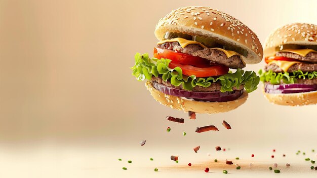 Kreatywne przedstawienie latającego hamburgera Levitacja żywności Kopiuj przestrzeń dla tekstu