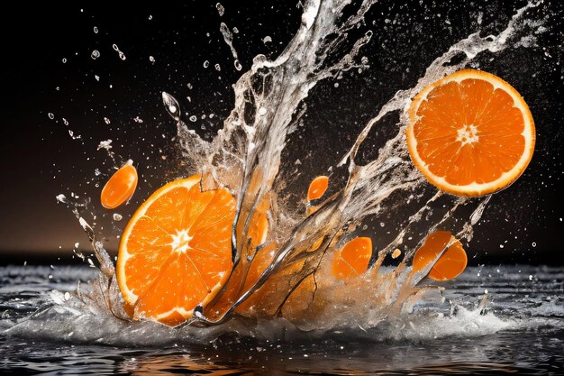 Kreatywne zdjęcie artystyczne pomarańczy wpadającej do wody z plamami