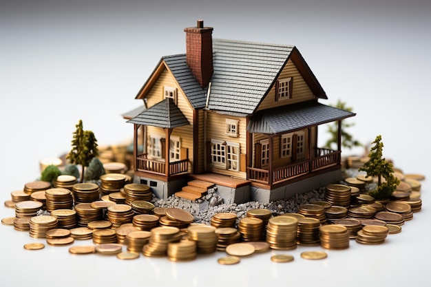 Kreatywne zdjęcie stockowe przedstawia model małego domu i stos monet na czystym białym tle