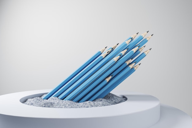 Kreatywność i koncepcja agencji copywritingu reklamowego ze stosem niebieskich ołówków w abstrakcyjnym białym cylindrze podium renderowania 3D
