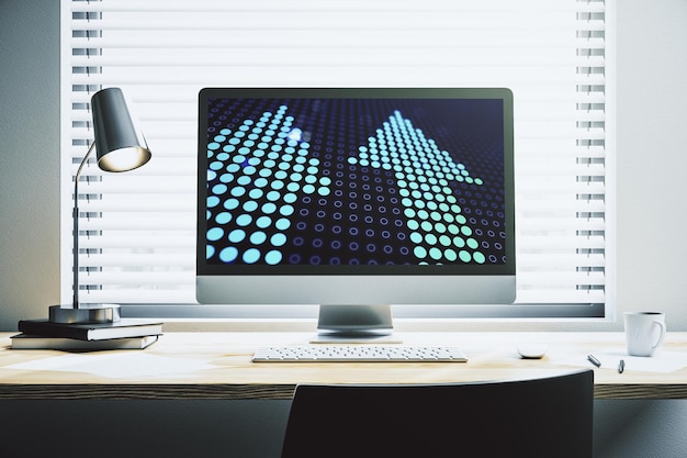 Zdjęcie kreatywny abstrakt strzałki w górę hologram na nowoczesnym monitorze komputerowym przywództwo i motywacja koncepcja 3d rendering
