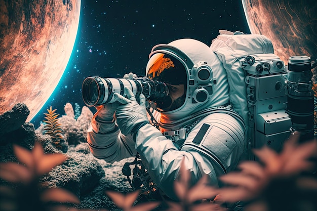 Zdjęcie kreatywny astronauta badający nową planetę z futurystycznym kombinezonem kosmicznym i aparatem