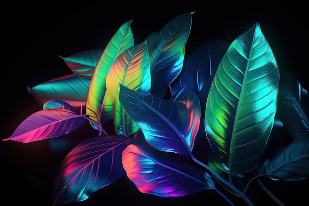 Kreatywny fluorescencyjny układ kolorów wykonany z tropikalnych liści Płaskie neonowe kolory generowane przez AI