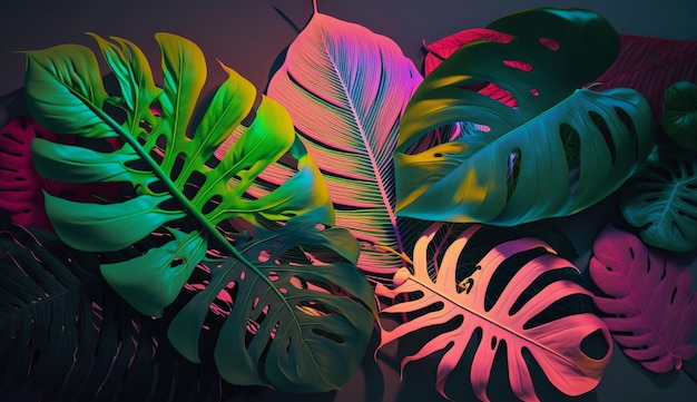 Kreatywny fluorescencyjny układ kolorów wykonany z tropikalnych liści Płaskie świecące neonowe kolory Koncepcja natury