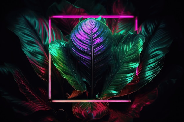 Kreatywny fluorescencyjny układ kolorów wykonany z tropikalnych liści z wygenerowanym neonowym kwadratem AI