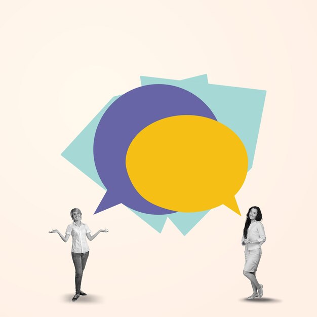 Zdjęcie kreatywny kolazowy portret dwóch osób z ogromną komunikacją bąbelkową dialogu