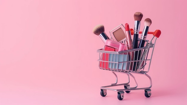 Zdjęcie kreatywny koncept z wózkiem na zakupy z makijażem na różowym tle generatywna sztuczna inteligencja