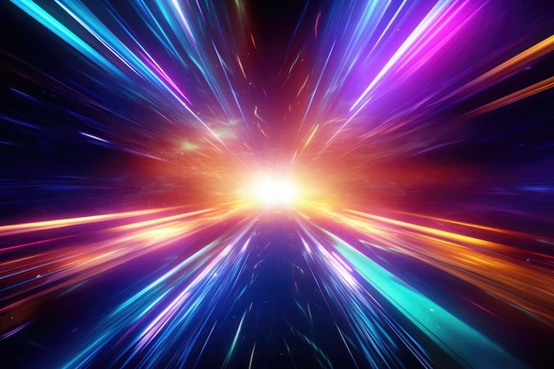 Kreatywny kosmiczny hiperskok do innej galaktyki Neon świecące promienie w ruchu Koncepcja podróży kosmicznych Generatywna ilustracja AI
