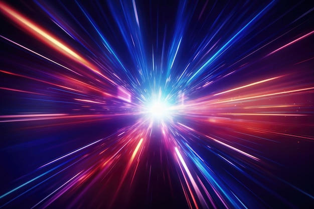 Kreatywny kosmiczny hiperskok do innej galaktyki Neonowe świecące promienie w ruchu Koncepcja podróży kosmicznych Ilustracja generatywna AI