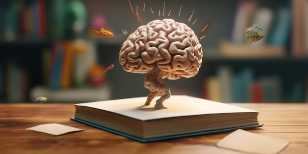 Zdjęcie kreatywny mózg na otwartej książce stawanie się inteligentnym i inteligentnym dzięki czytaniu książki utworzonej za pomocą ai