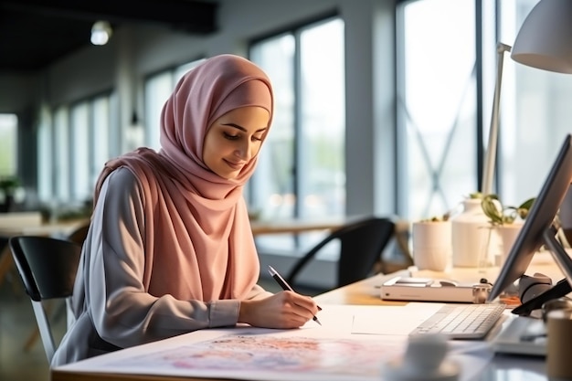 Kreatywny muzułmański projektant pracujący z rysunkami w biurze