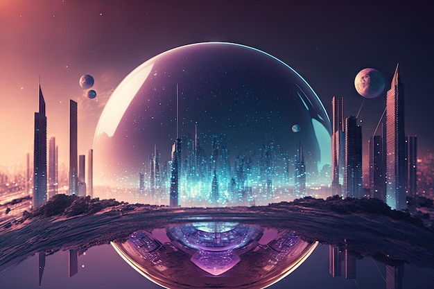 Kreatywny obraz futurystycznego wirtualnego świata z holograficznym miastem kosmicznym